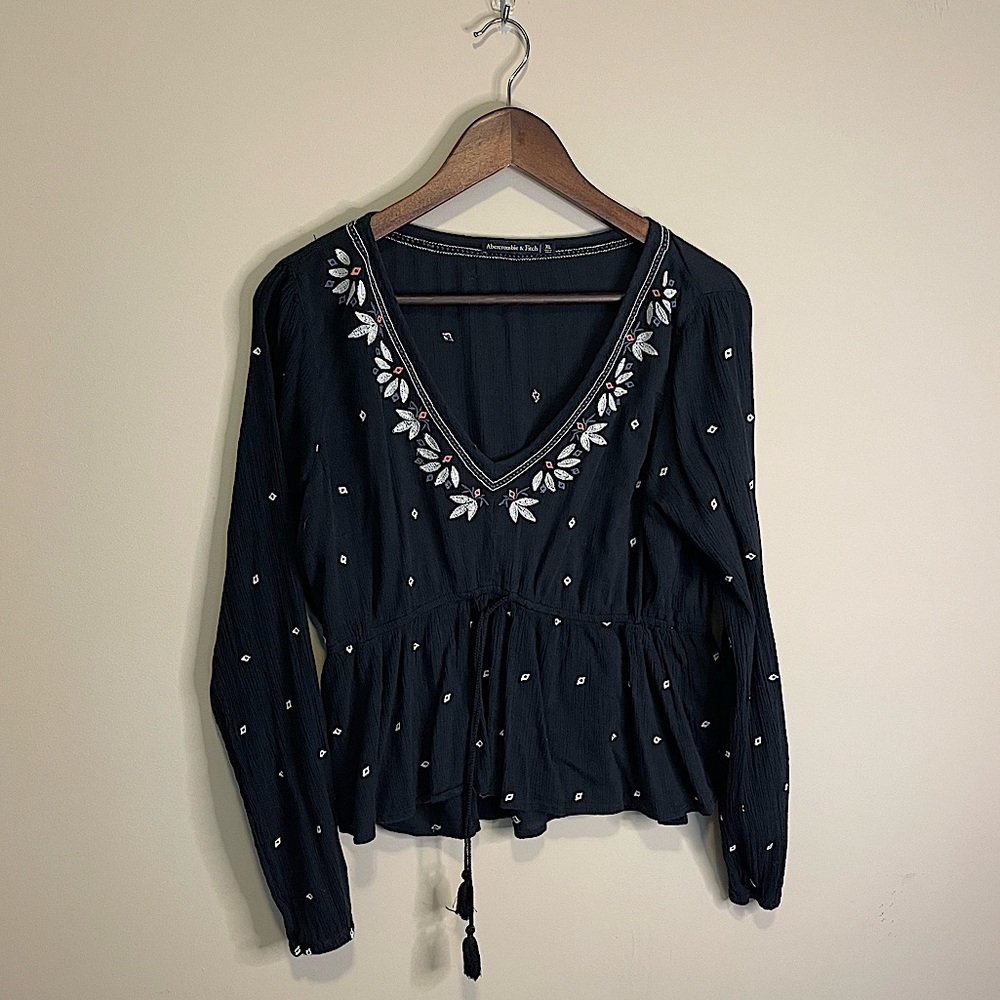A&F Black Embroidered Boho Blouse